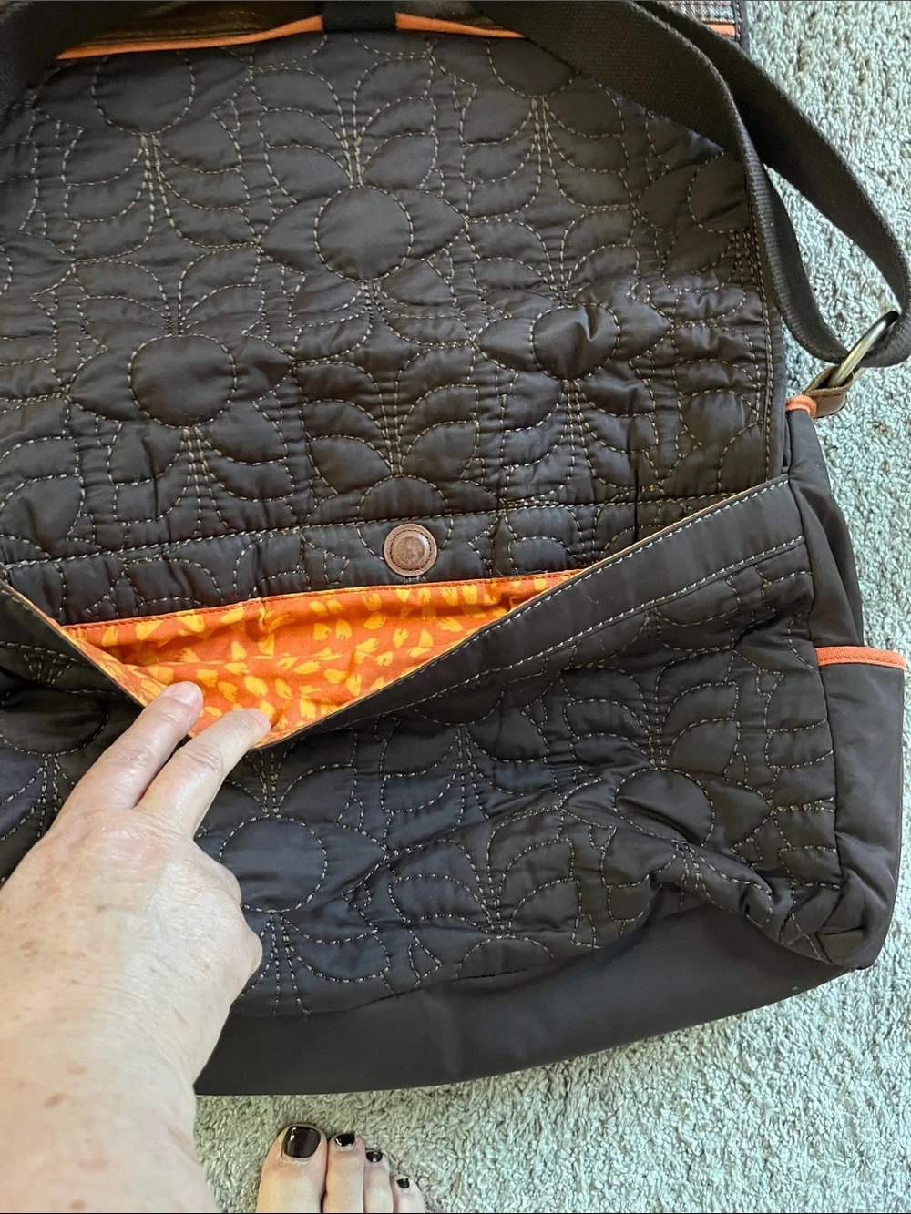 Fantastic College Fossil Quilted Brown Laptop Messenger Bag with Orange Trim